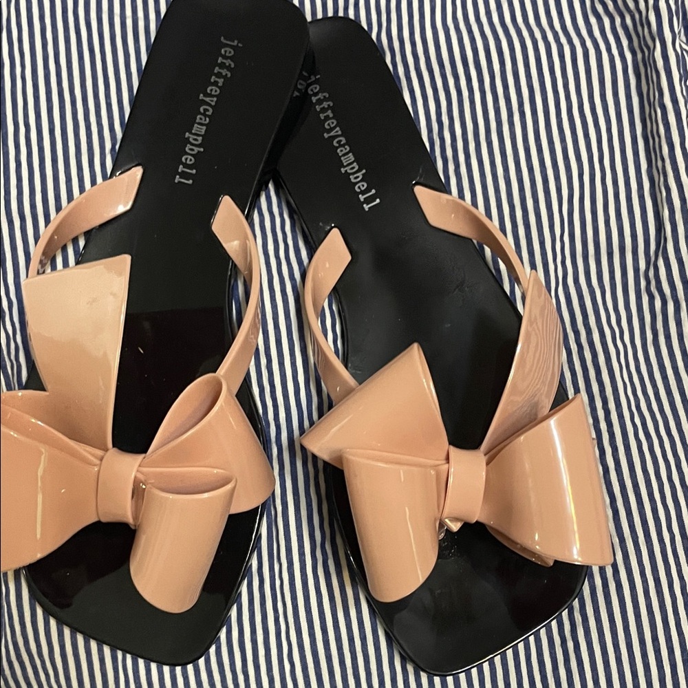Jeffrey Campbell Black Slides with Nude Bow Accents